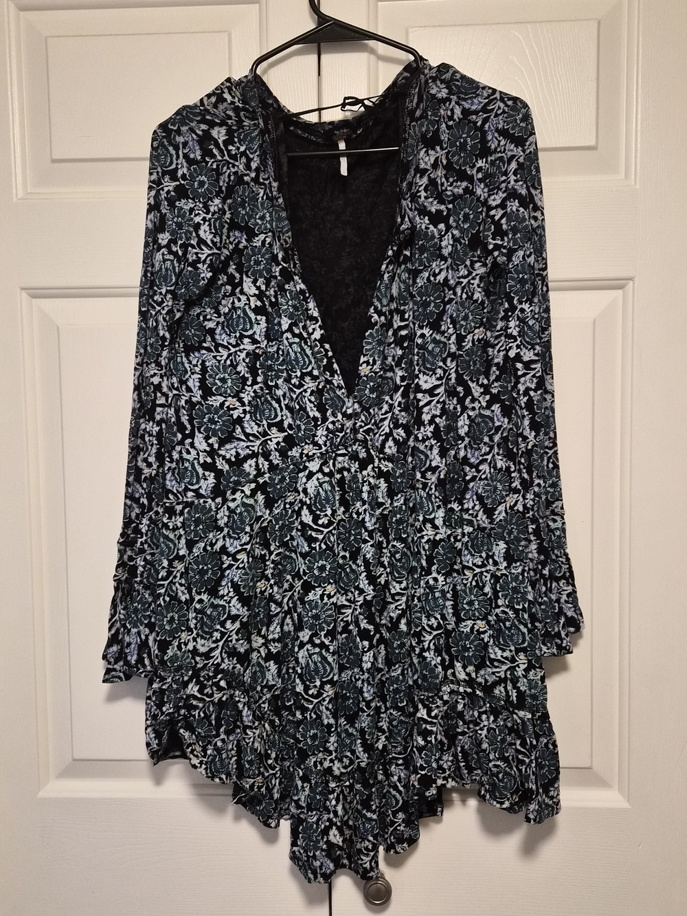 Free People Black Floral V-Neck Tiered Long-Sleeve Dress